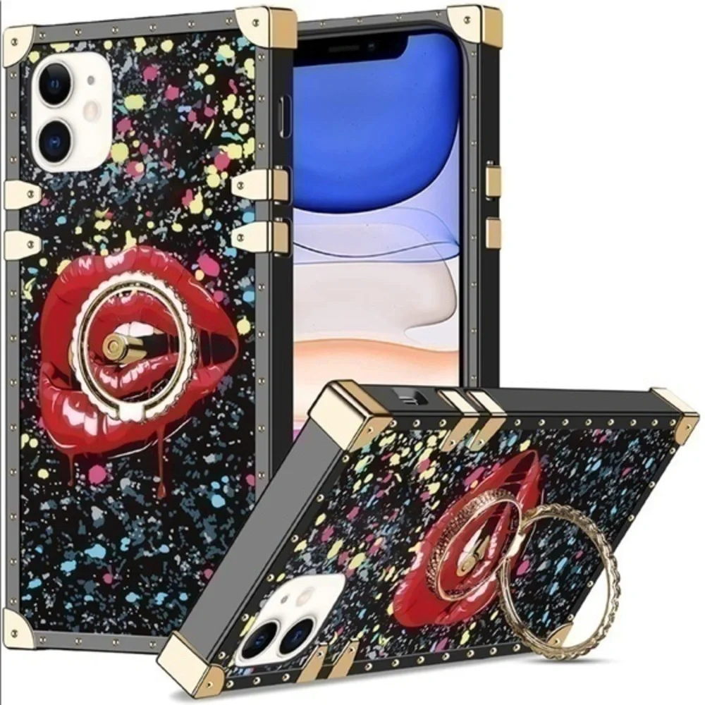 iPhone 11 Ultra Red Lips Kickstand Ring Holder Square Rivet Crystal Silicon Case